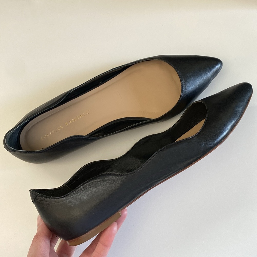 Loeffler Randall Black Scalloped Leather Pointed-Toe Flats
